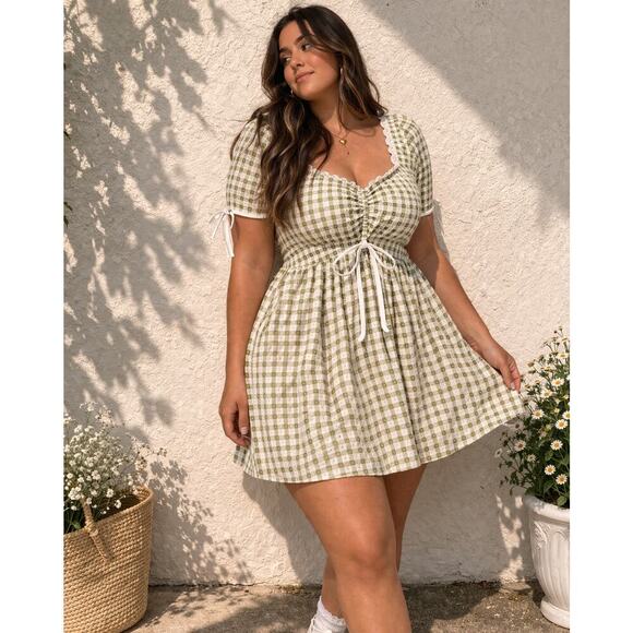 Smak Parlour Dresses & Skirts - Smak Parlour Green Gingham Daisy Dress XL Ruched Milkmaid Cottagecore